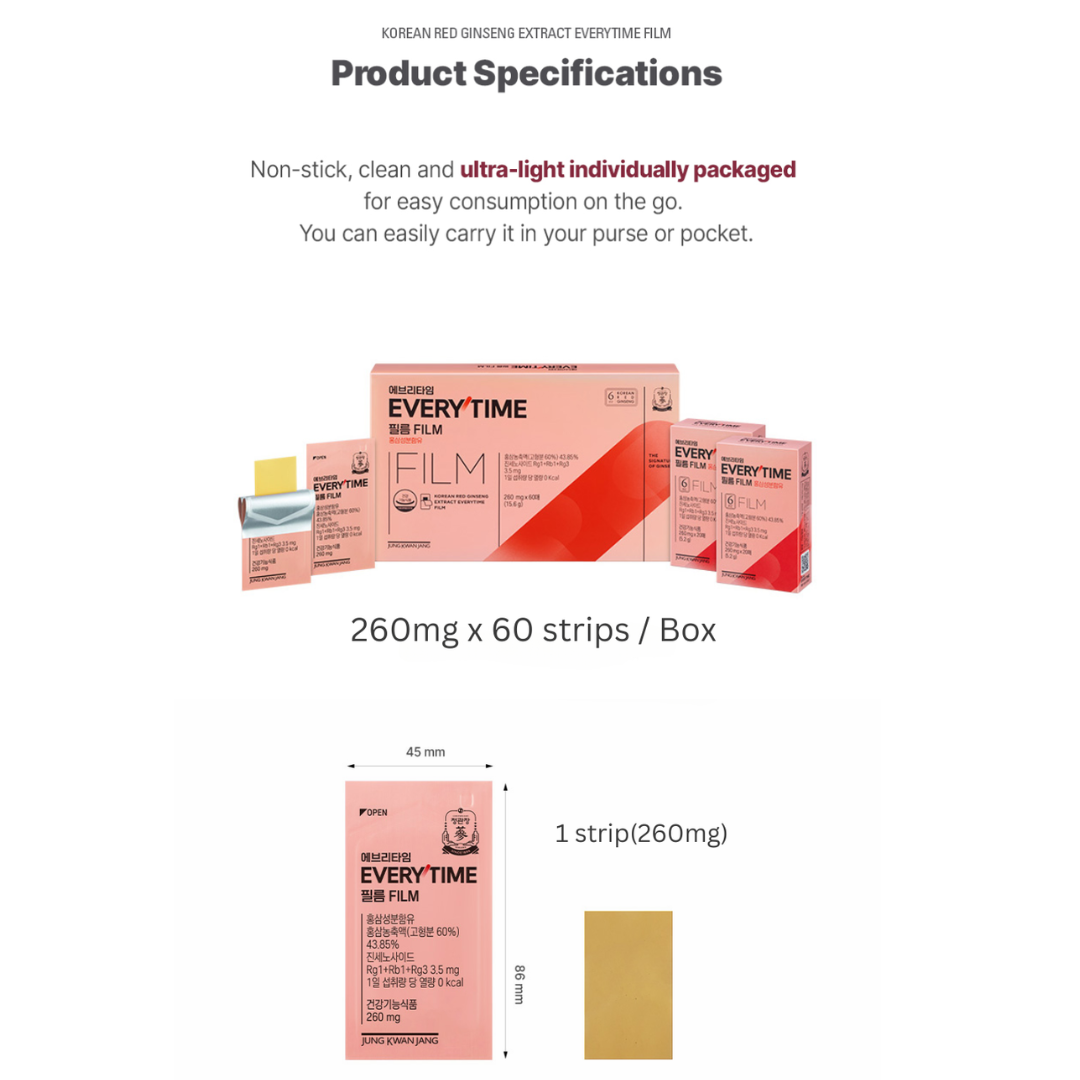 JUNGKWANJANG Extract Everytime Film – Korean Red Ginseng Oral Dissolving Film (260mg × 60 Strips)