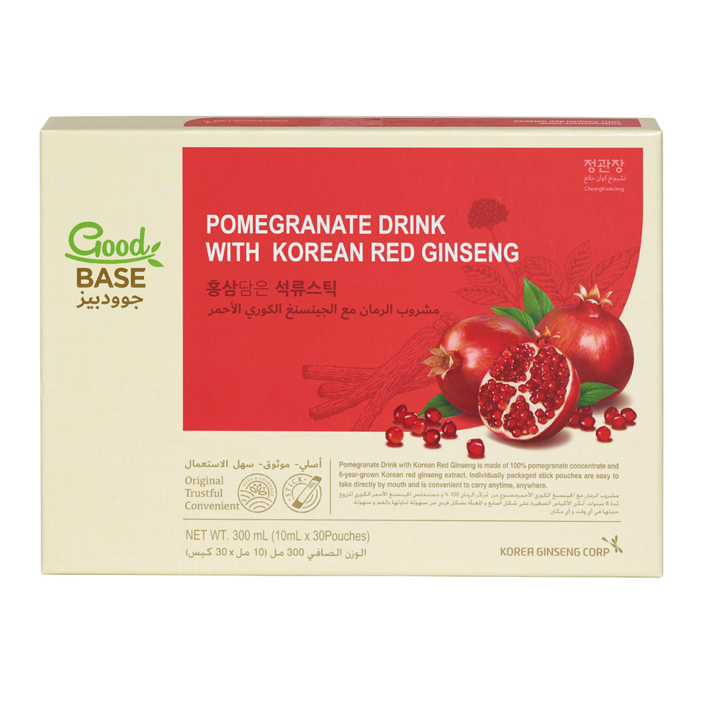 100% Korean Red Ginseng with Good Base Fruit Pomegranate | 3 Boxes | 10 Pouches Per Box مشروب الجنسنغ الأحمر الكوري مع مركز الرمان | 3 علب | 10 أكياس لكل علبة